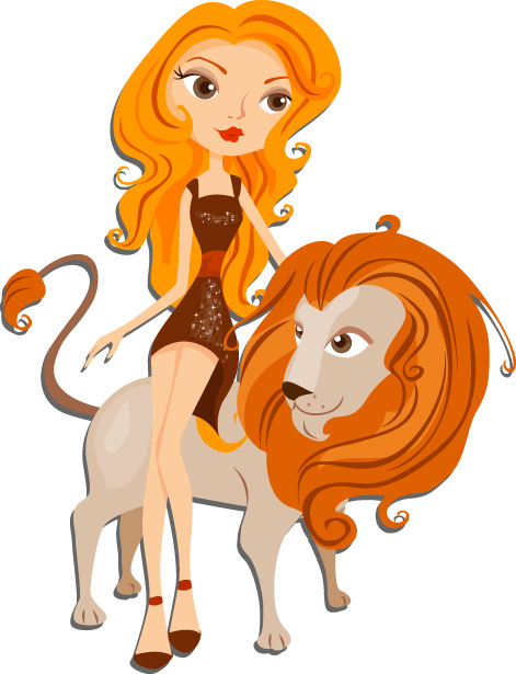 Clipart of a Beautiful Leo Zodiac Woman Leaning Against a Brown Lion by BNP Design Studio - #90