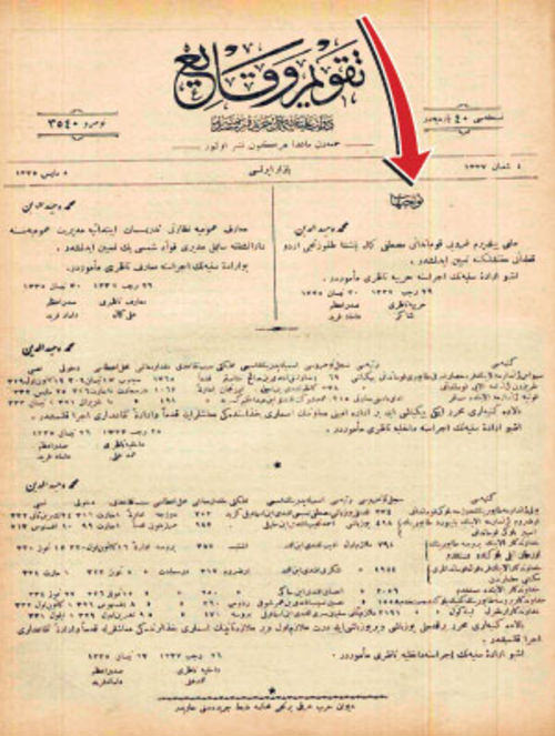 The Sultan's order assigning Mustafa Kemal Pasha to start the war of independence in Samsun, published on the official gazette 