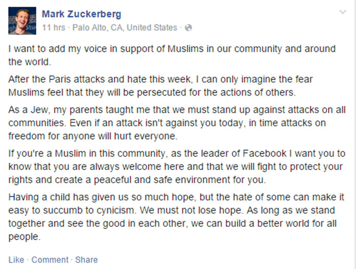 Facebook CEO Zuckerberg offers support to Muslims on social network