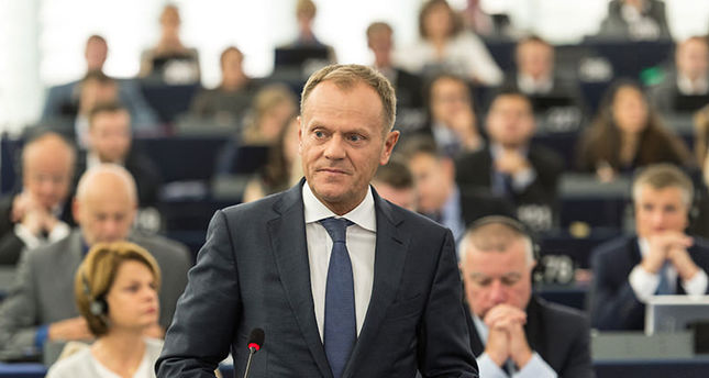 EU Council President Donald Tusk delivers his speech during the plenary session about the humanitarian situation of refugees within the EU. (EPA photo)
