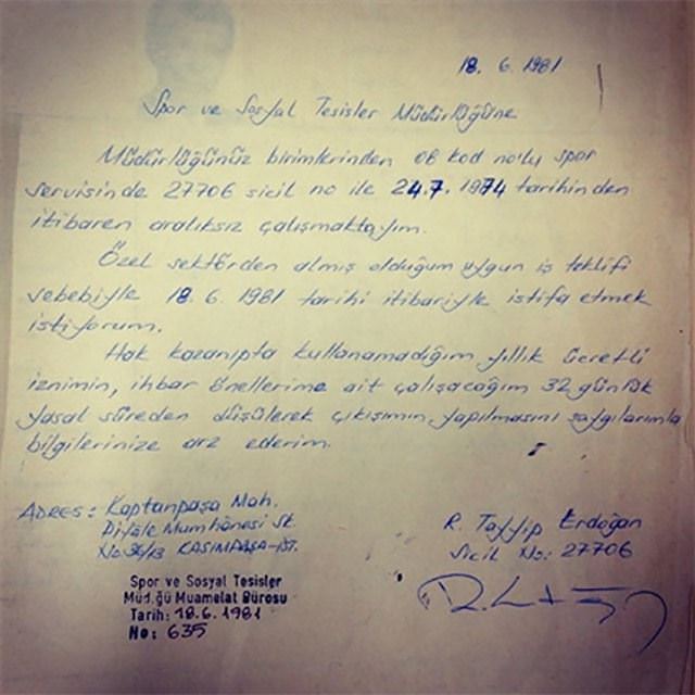 Erdoğan'ın İETT'den istifa dilekçesi