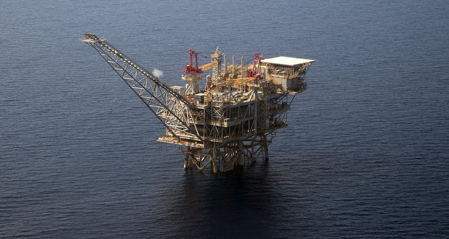 An aerial view shows the Tamar Israeli gas-drill platform in the Mediterranean Sea off the coast of Israel.