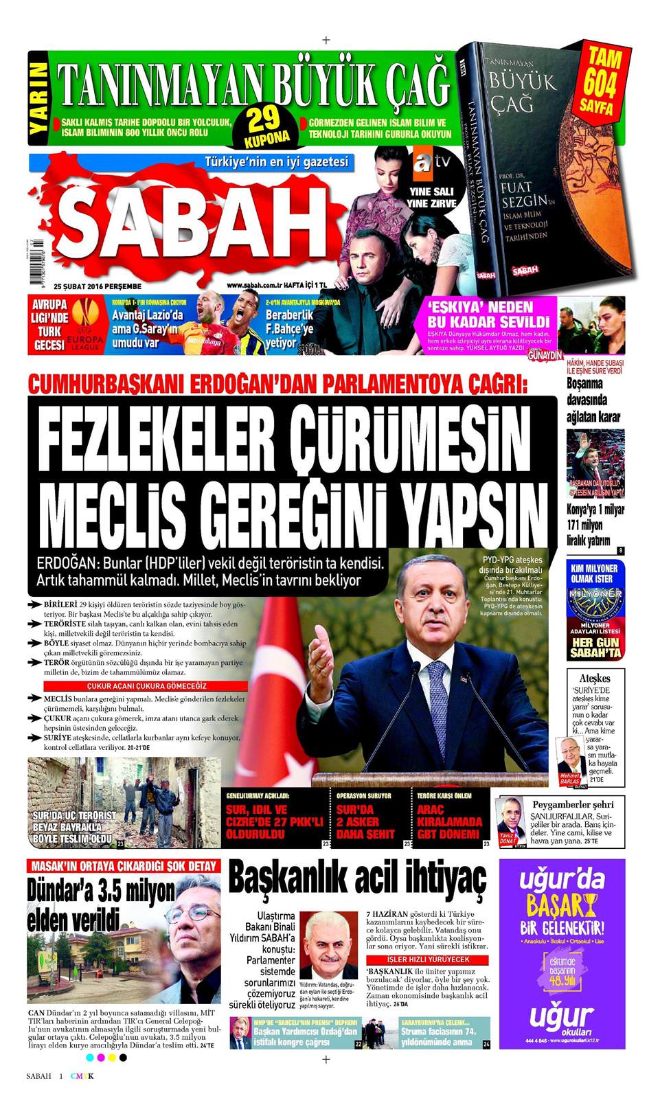 25 Şubat 2016 Perşembe - Sabah gazetesi manşet