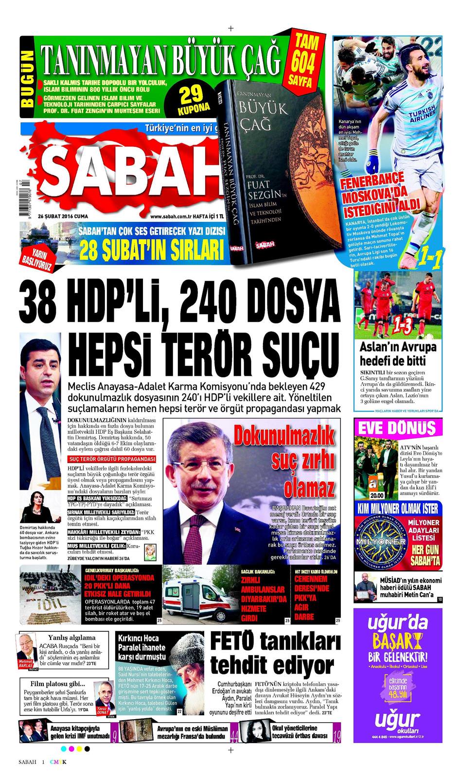 26 Şubat 2016 Cuma - Sabah gazetesi manşet