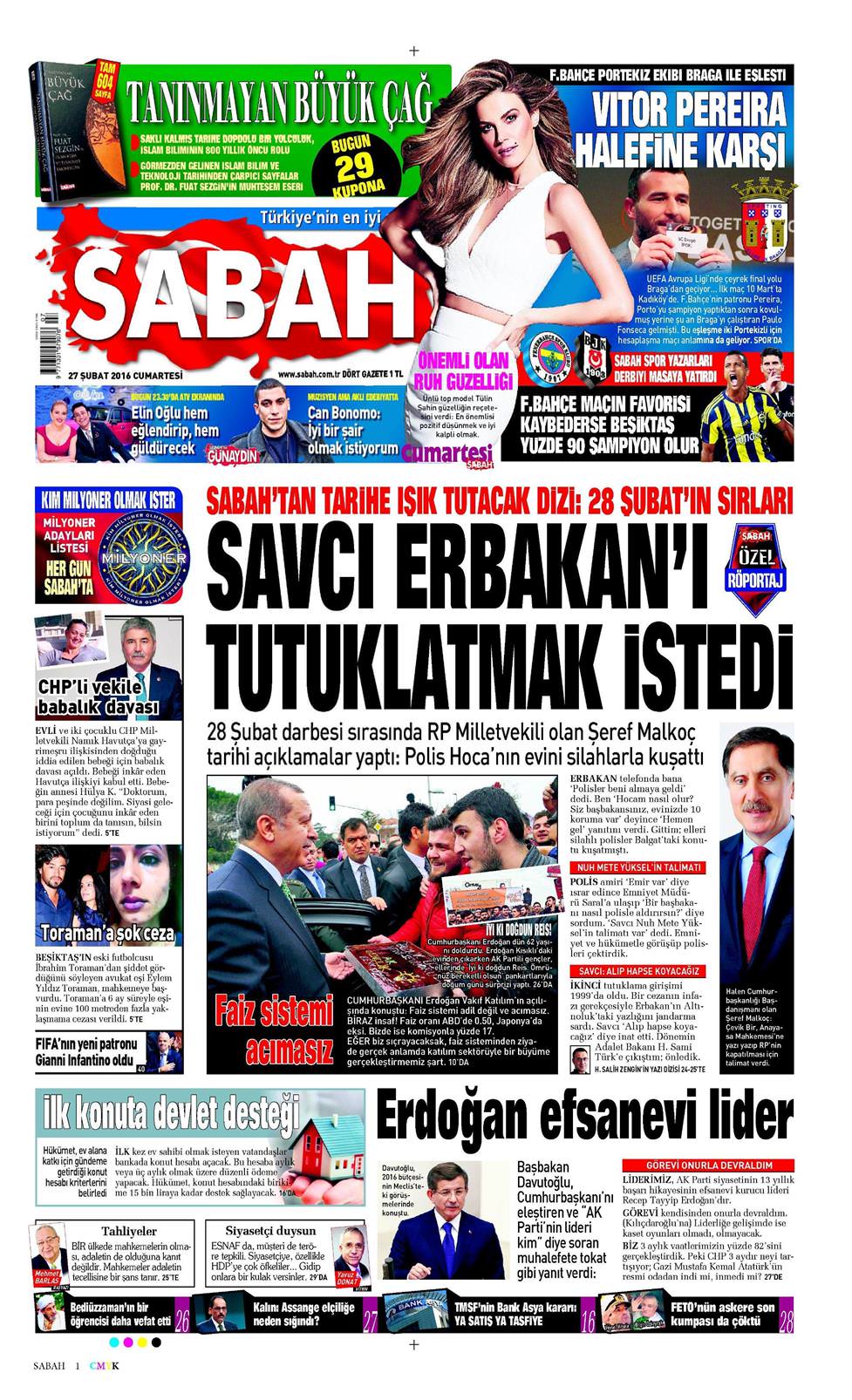 27 Şubat 2016 Cumartesi - Sabah gazetesi manşet
