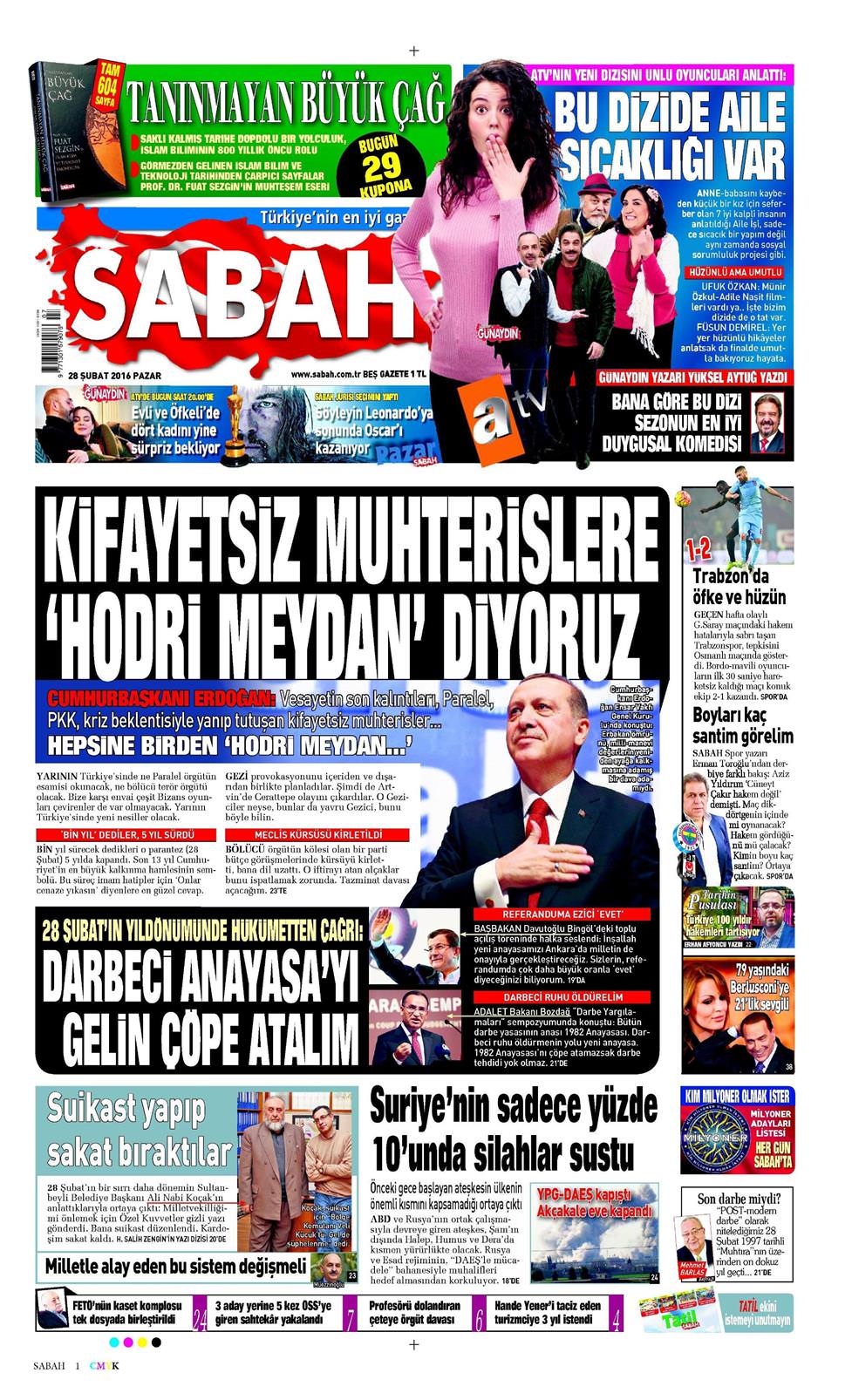 28 Şubat 2016 Pazar - Sabah gazetesi manşet