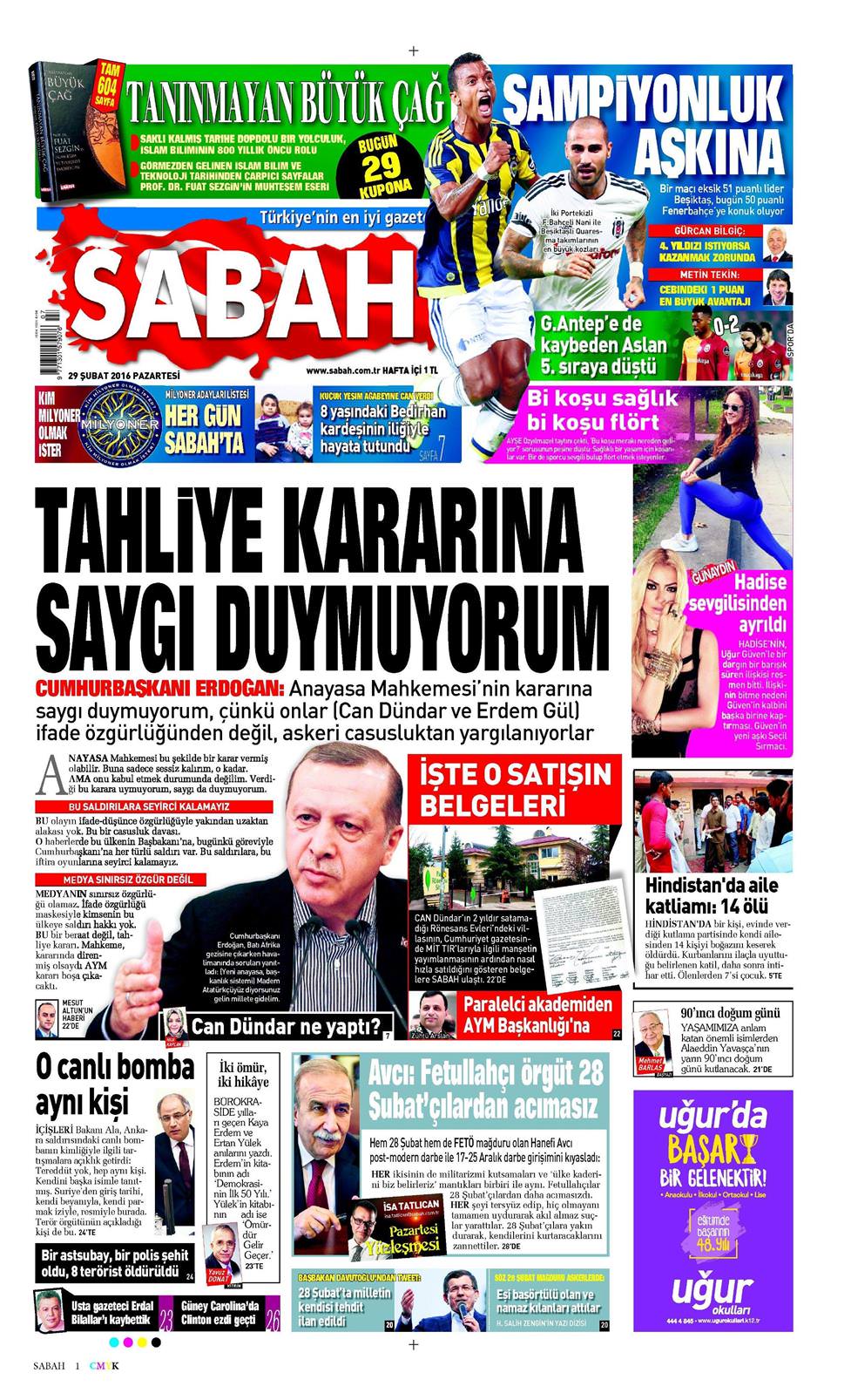 29 Şubat 2016 Pazartesi - Sabah gazetesi manşet