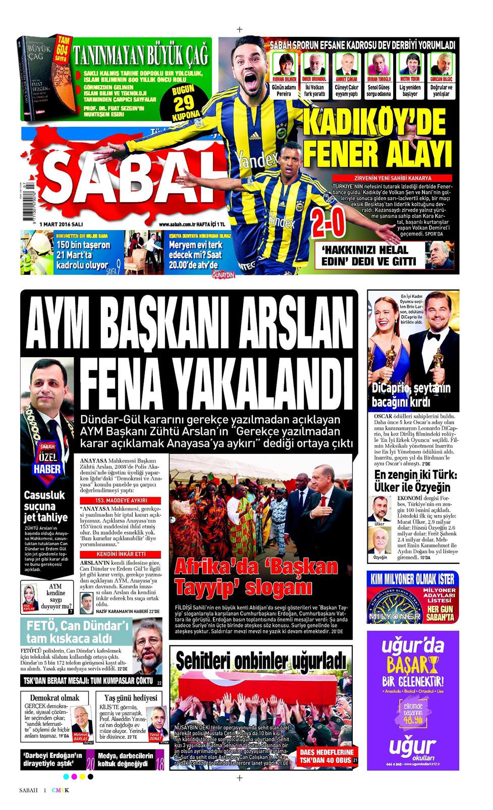 01 Mart 2016 Salı - Sabah gazetesi manşet