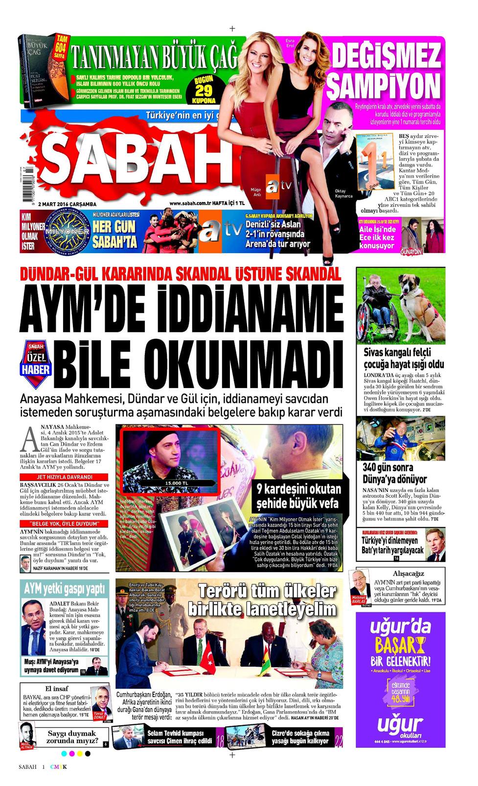 02 Mart 2016 Çarşamba - Sabah gazetesi manşet