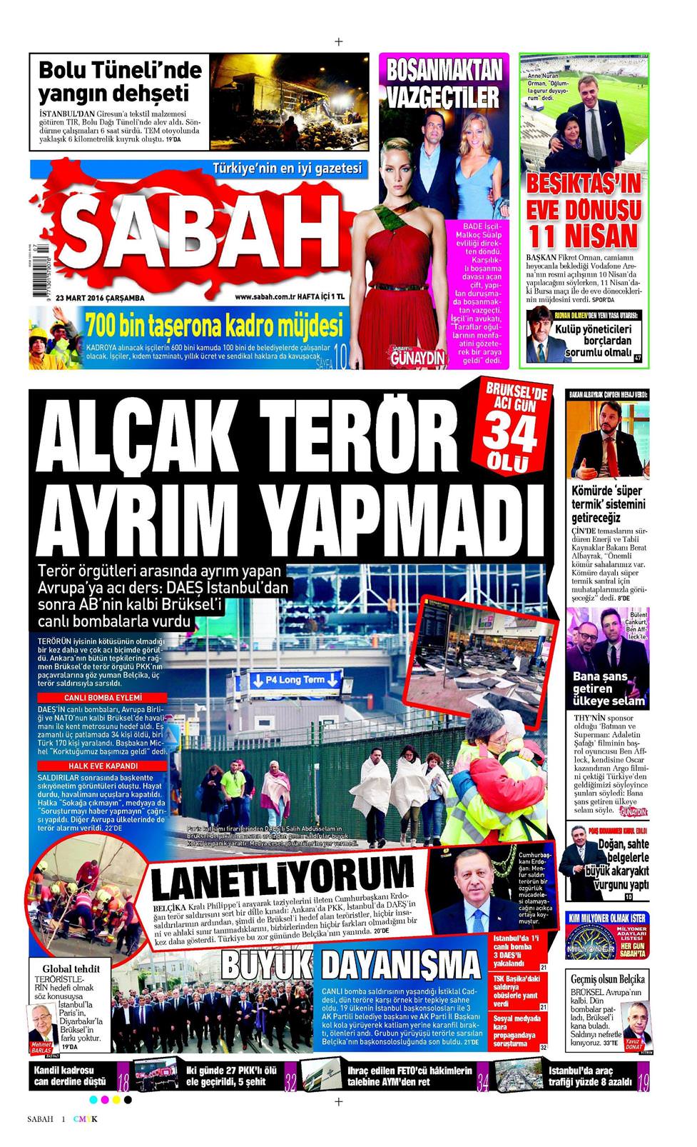 Sabah Gazetesi 23 Mart 2016, Çarşamba Günü Manşeti