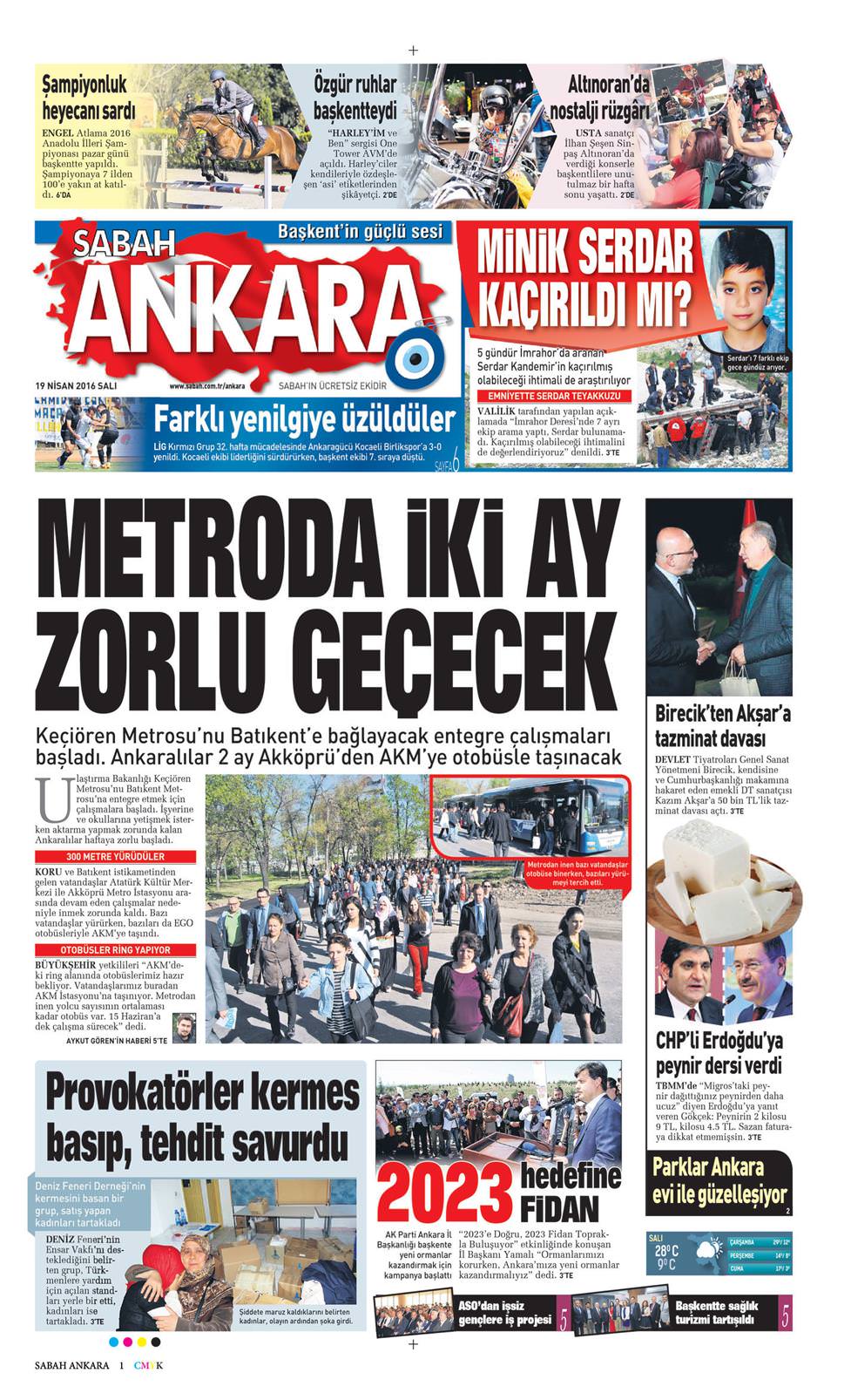 19 Nisan 2016 Salı - Sabah Ankara gazetesi manşet