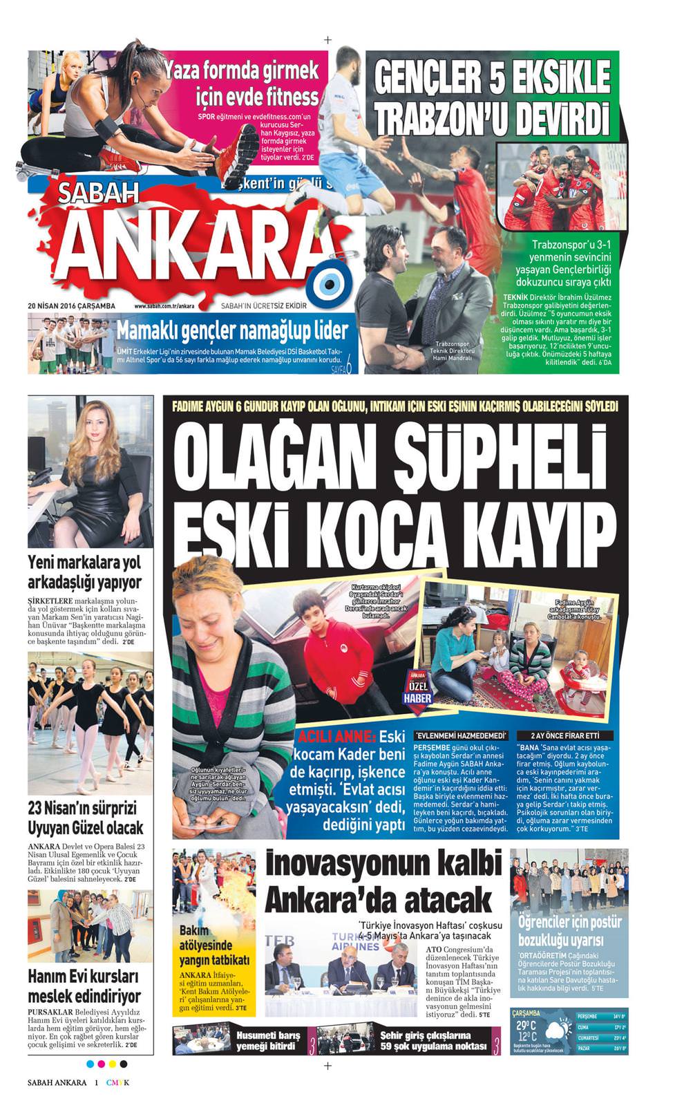 20 Nisan 2016 Çarşamba - Sabah Ankara gazetesi manşet