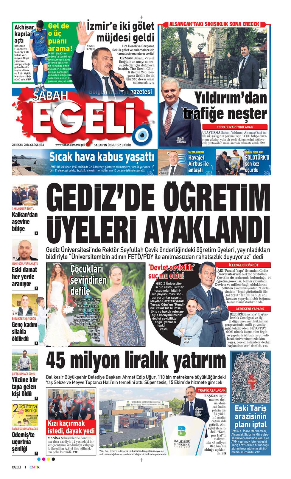 20 Nisan 2016 Çarşamba - Sabah Egeli gazetesi manşet