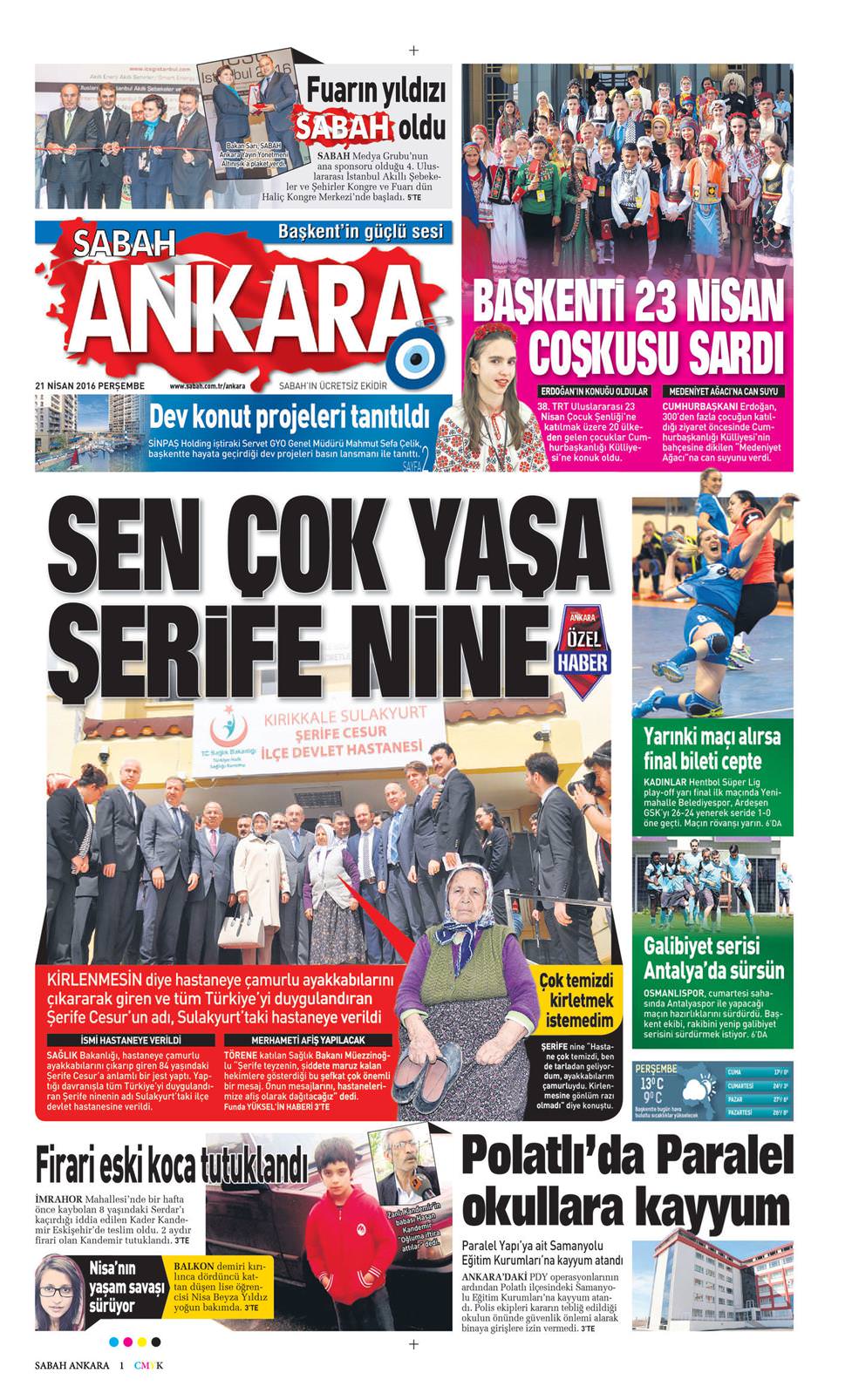 21 Nisan 2016 Perşembe - Sabah Ankara gazetesi manşet