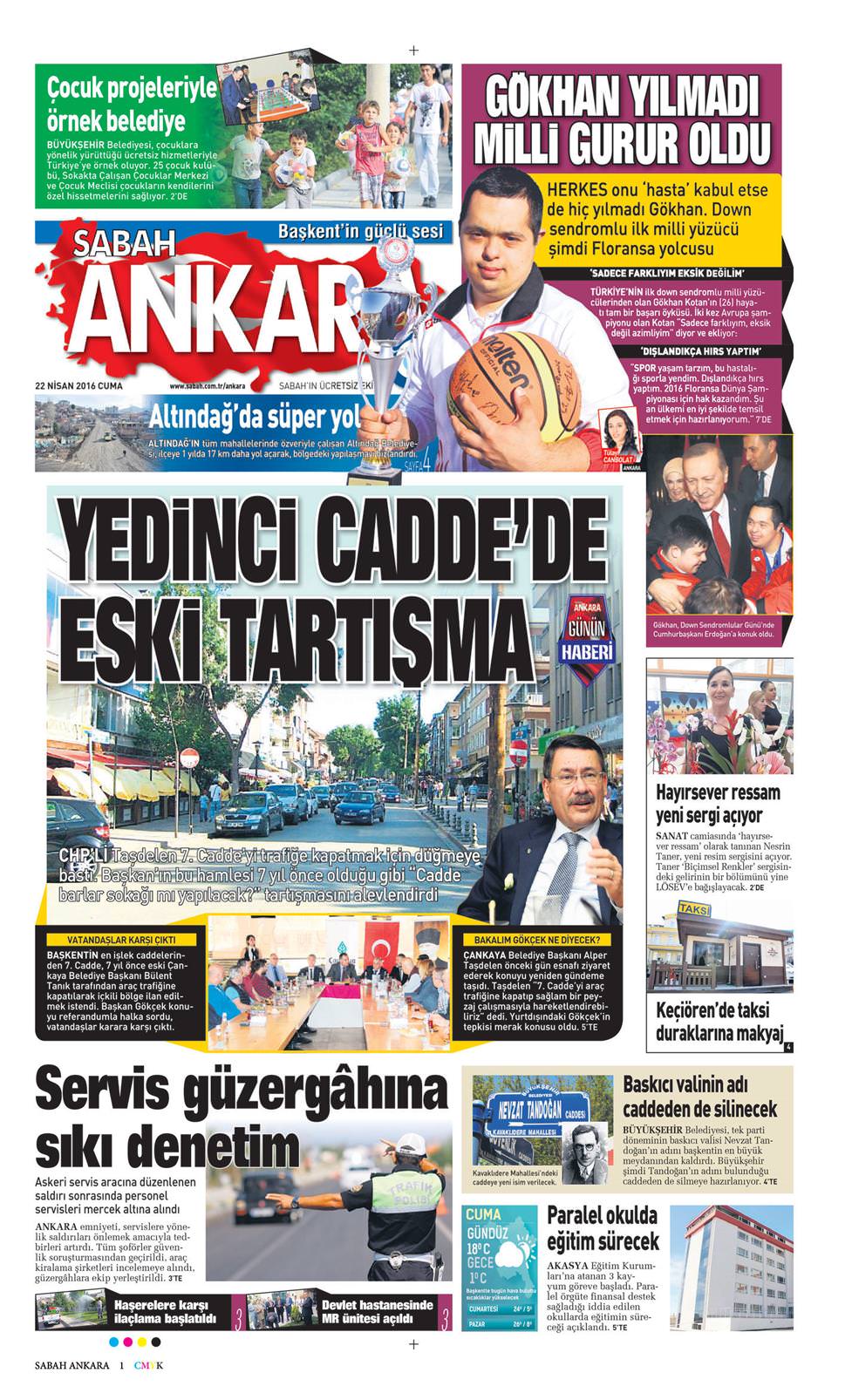 22 Nisan 2016 Cuma - Sabah Ankara gazetesi manşet