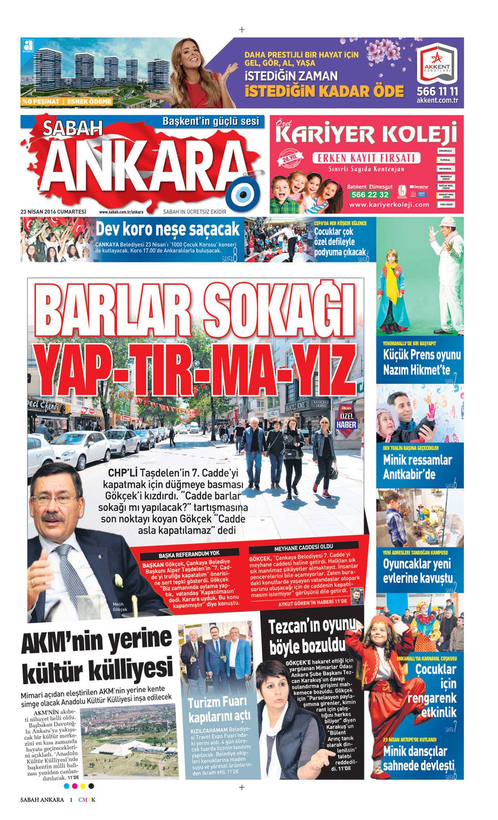 23 Nisan 2016 Cumartesi - Sabah Ankara gazetesi manşet