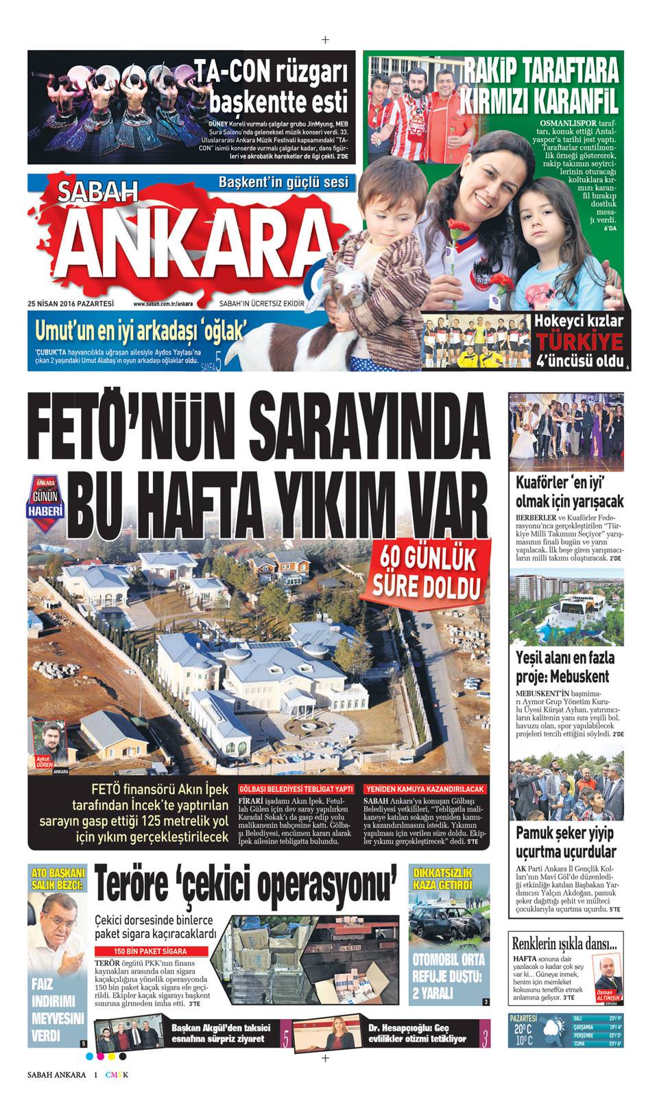 25 Nisan 2016 Pazartesi - Sabah Ankara gazetesi manşet