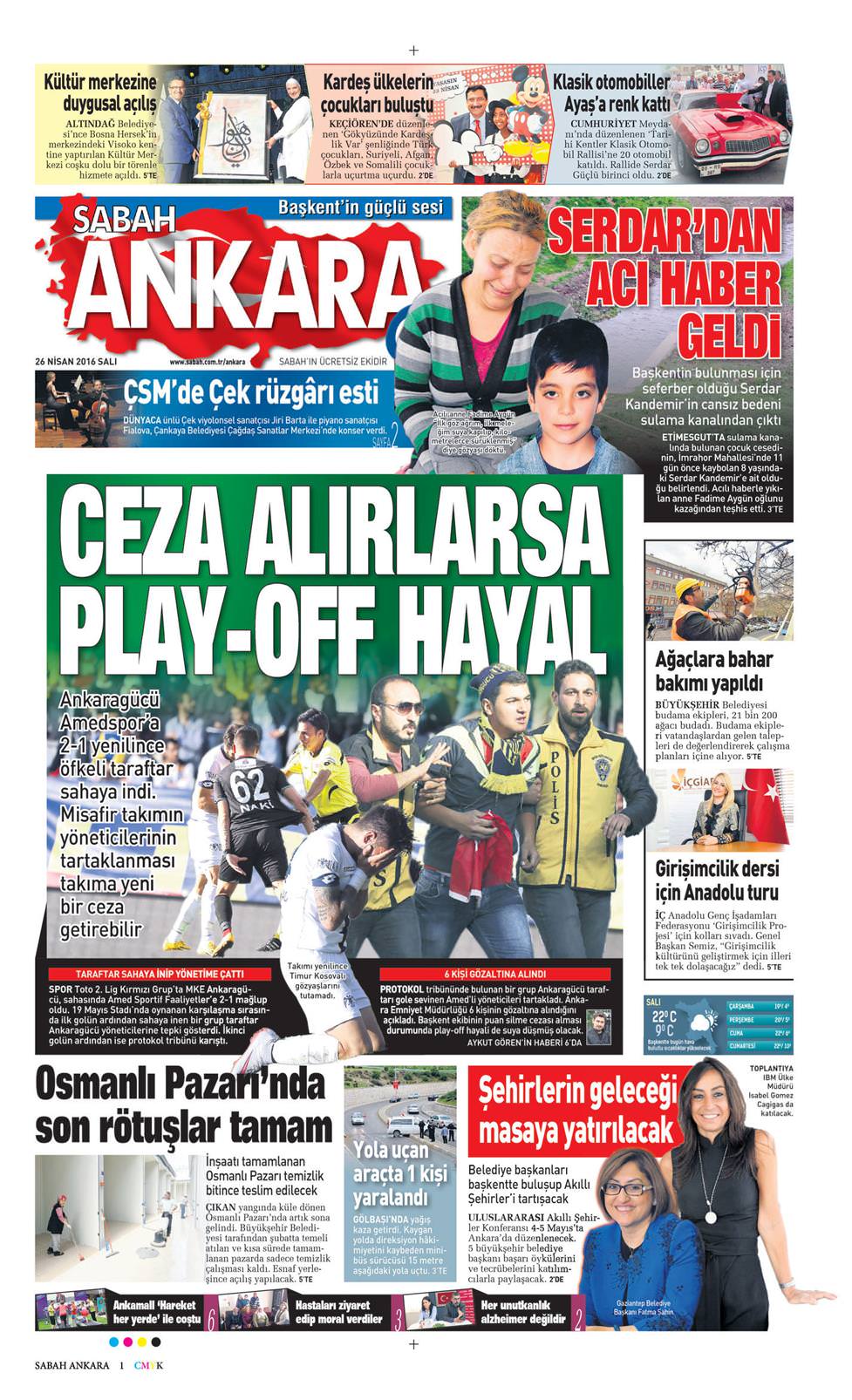 26 Nisan 2016 Salı - Sabah Ankara gazetesi manşet