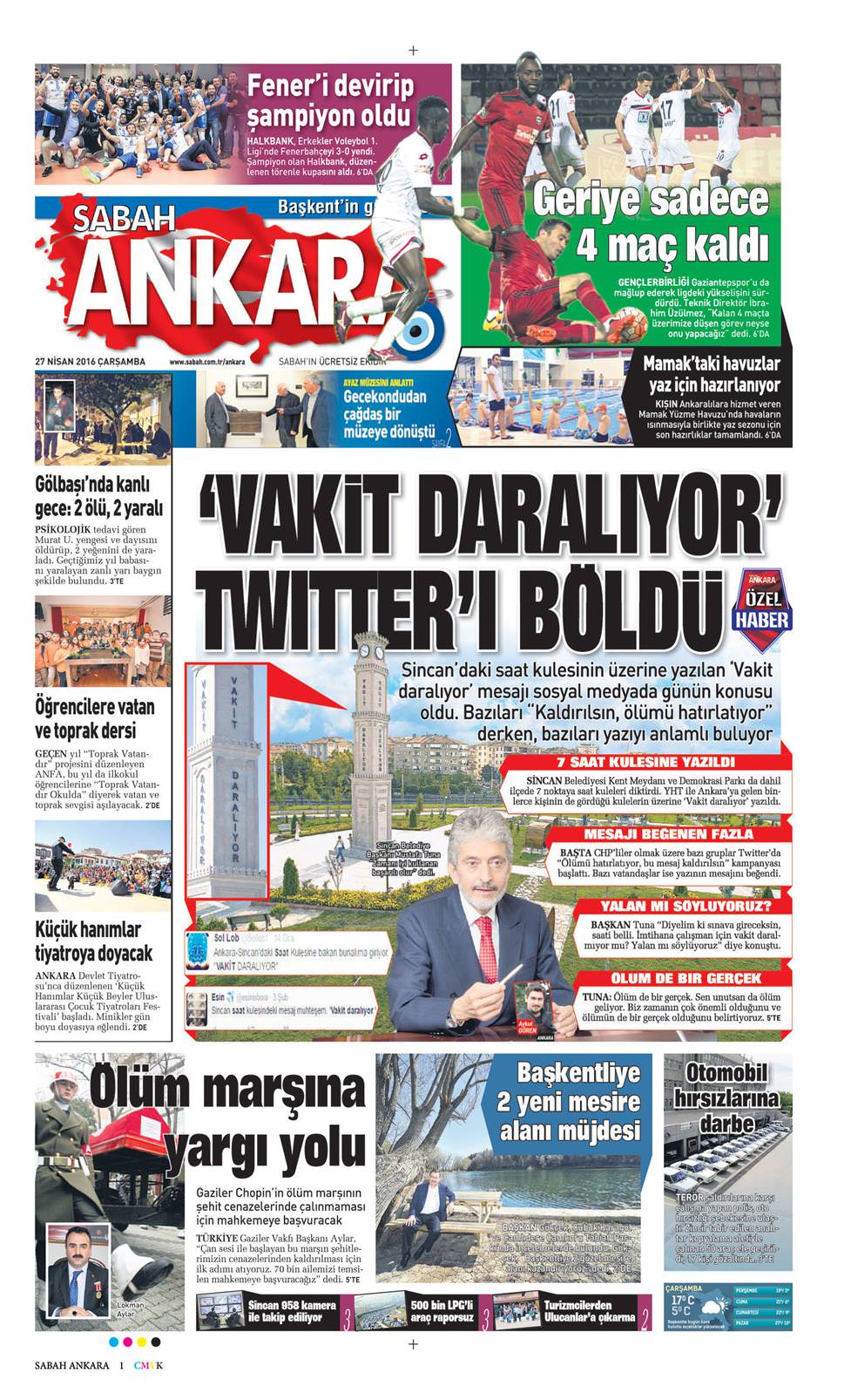 27 Nisan 2016 Çarşamba - Sabah Ankara gazetesi manşet