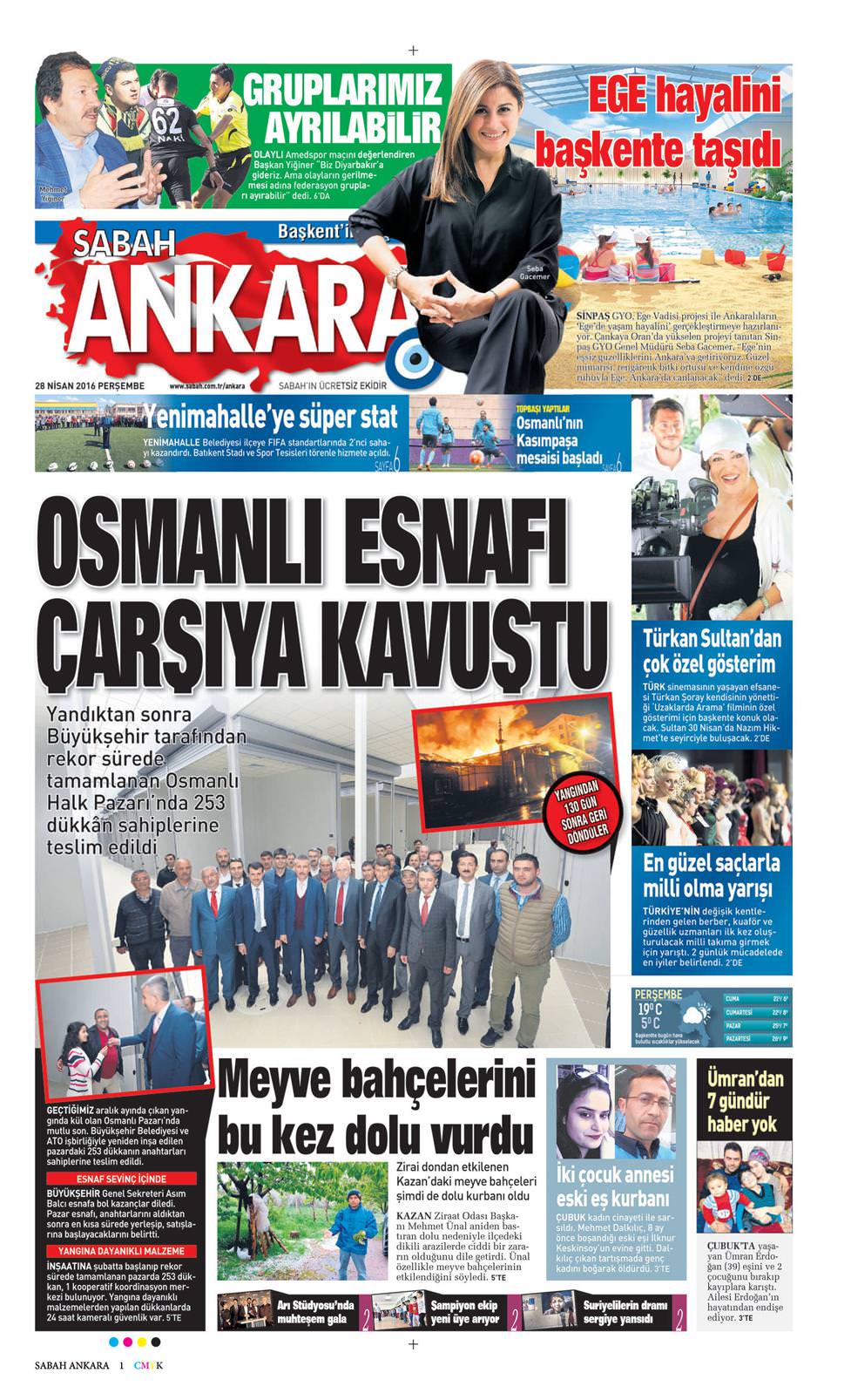 28 Nisan 2016 Perşembe - Sabah Ankara gazetesi manşet