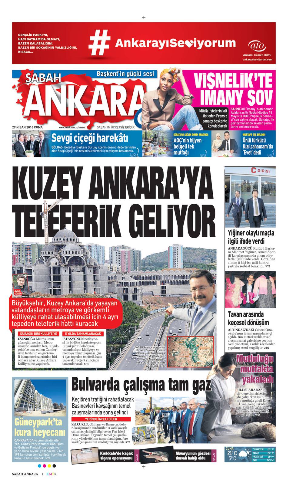 29 Nisan 2016 Cuma - Sabah Ankara gazetesi manşet
