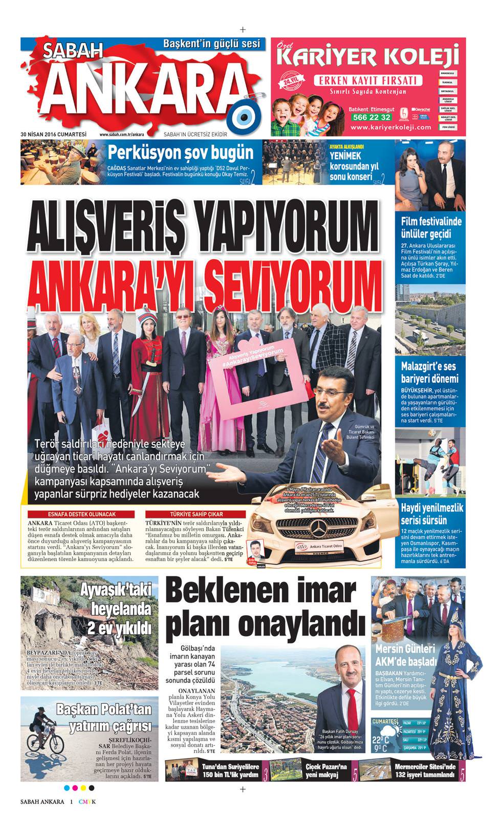 30 Nisan 2016 Cumartesi - Sabah Ankara gazetesi manşet