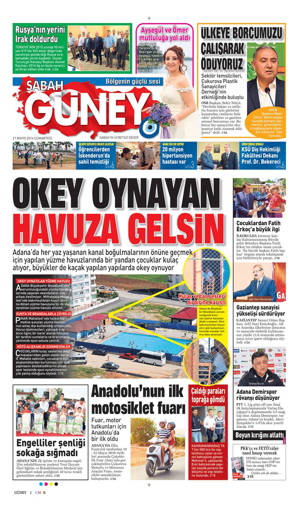 21 Mayıs 2016 Cumartesi - Sabah Güney gazetesi manşet