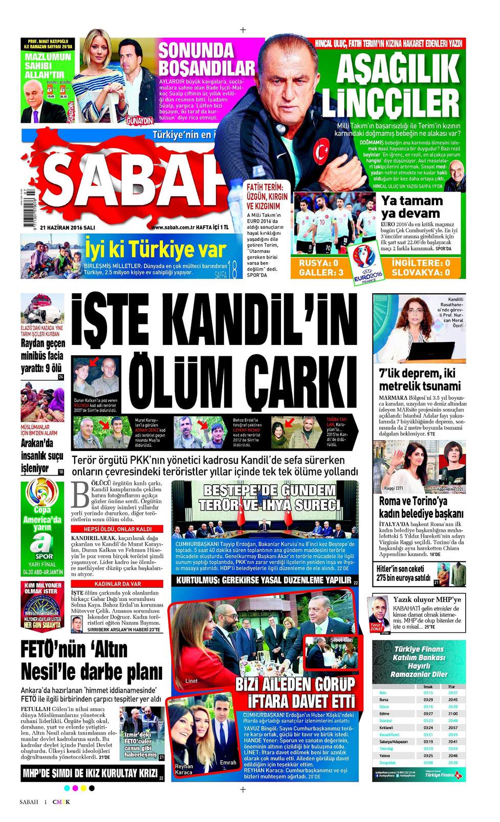 Sabah Gazetesi 21 Haziran 2016, Salı Günü Manşeti