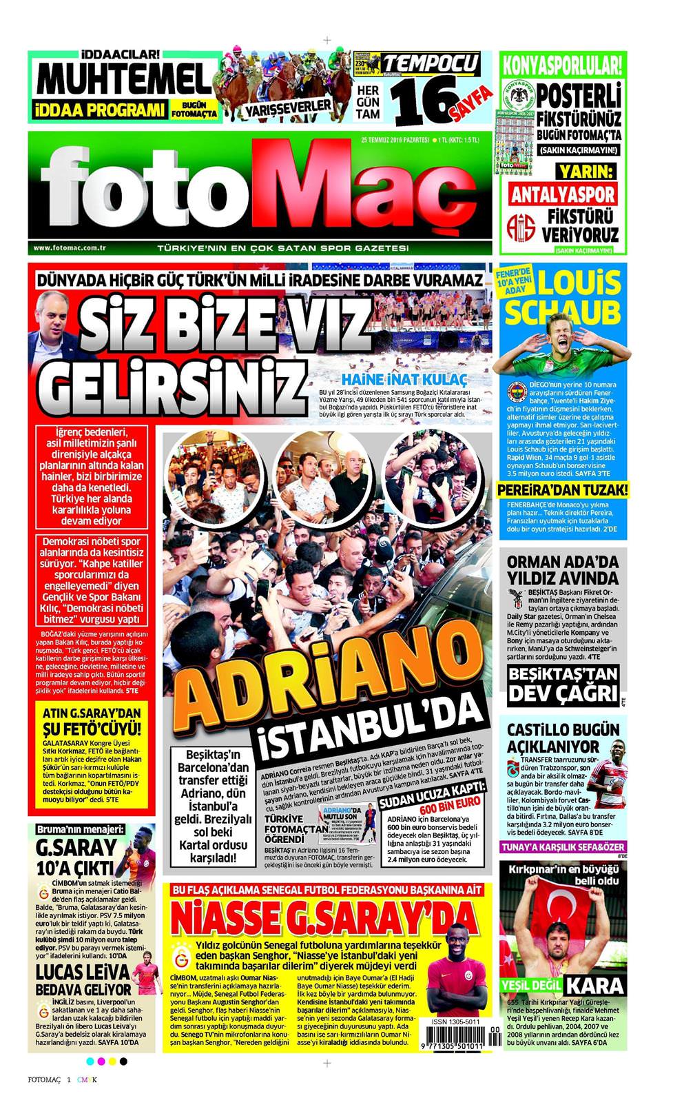 25 Temmuz 2016 Pazartesi - Fotomaç gazetesi manşet
