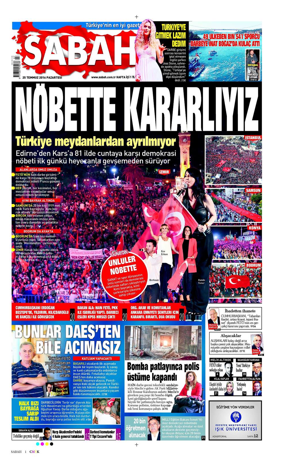 25 Temmuz 2016 Pazartesi - Sabah gazetesi manşet