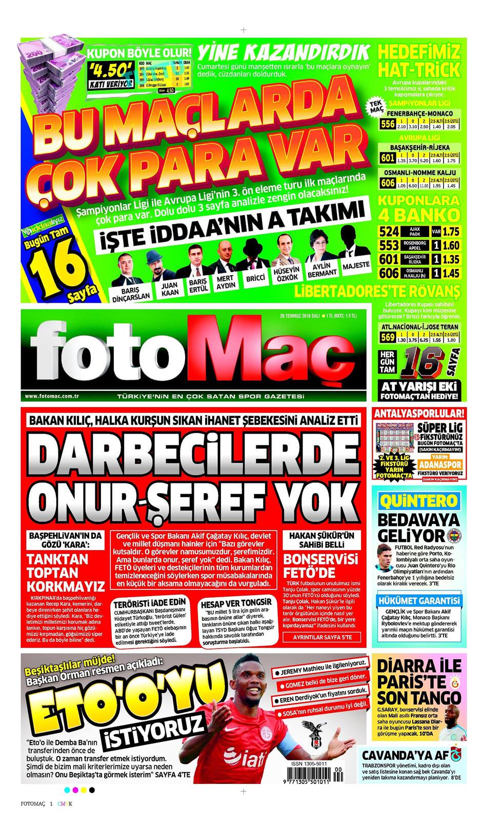26 Temmuz 2016 Salı - Fotomaç gazetesi manşet