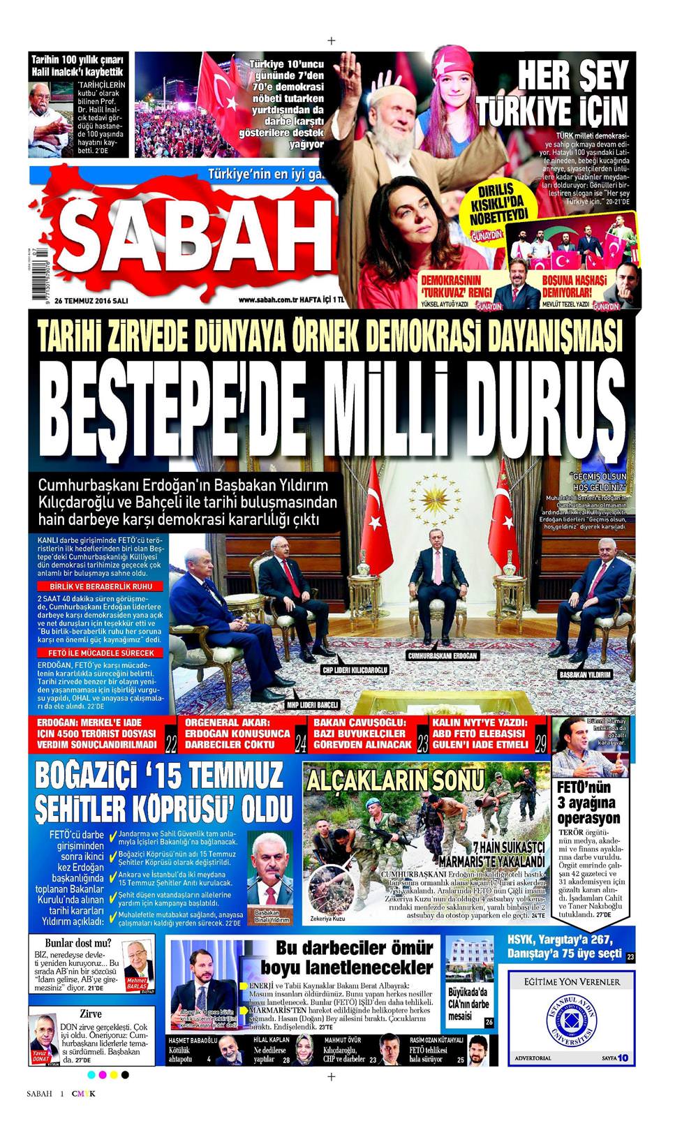 26 Temmuz 2016 Salı - Sabah gazetesi manşet