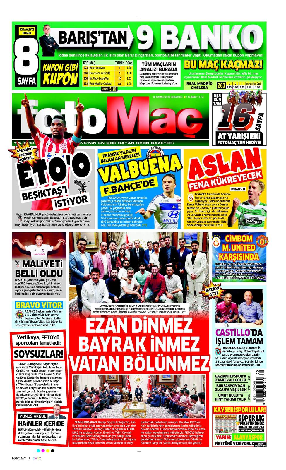 30 Temmuz 2016 Cumartesi - Fotomaç gazetesi manşet