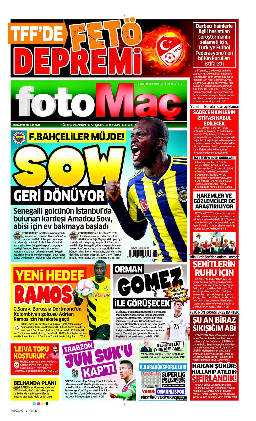 01 Ağustos 2016 Pazartesi - Fotomaç gazetesi manşet