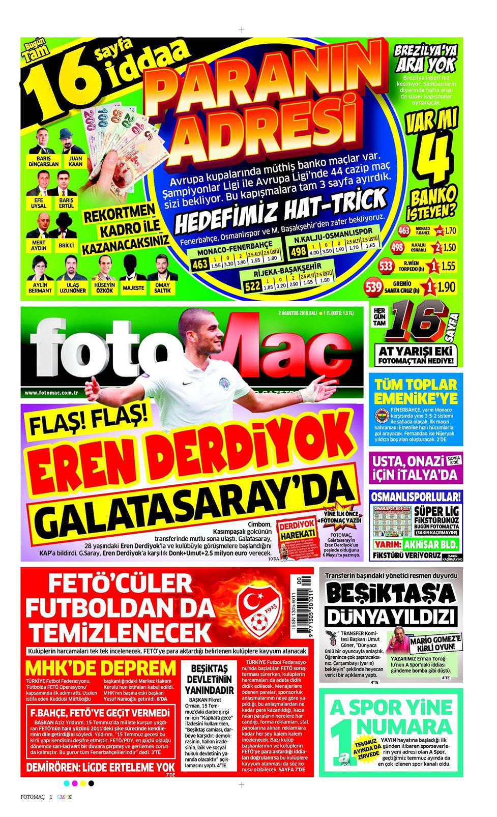 02 Ağustos 2016 Salı - Fotomaç gazetesi manşet