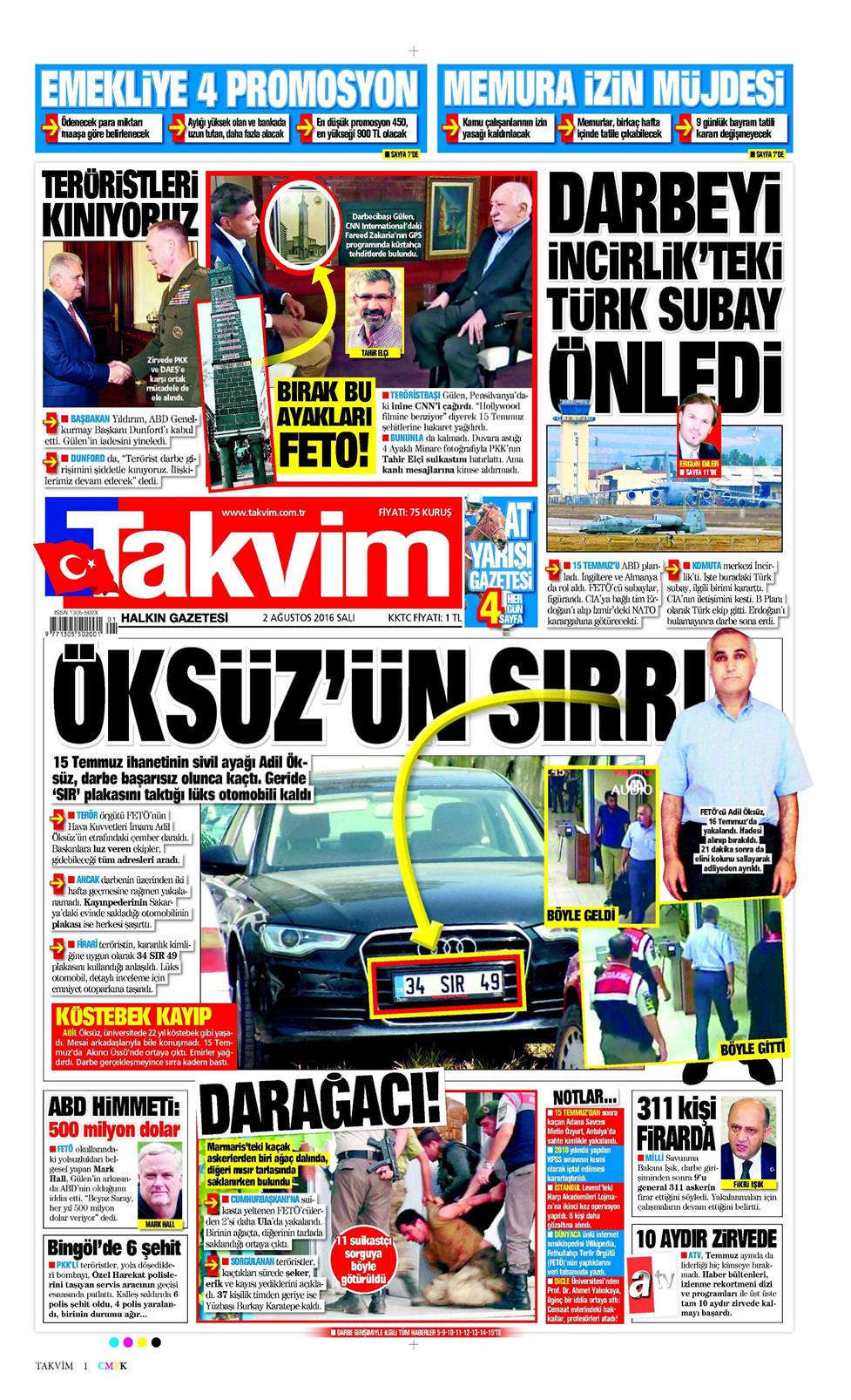 Takvim Gazetesi 2 Ağustos 2016, Salı Günü Manşeti