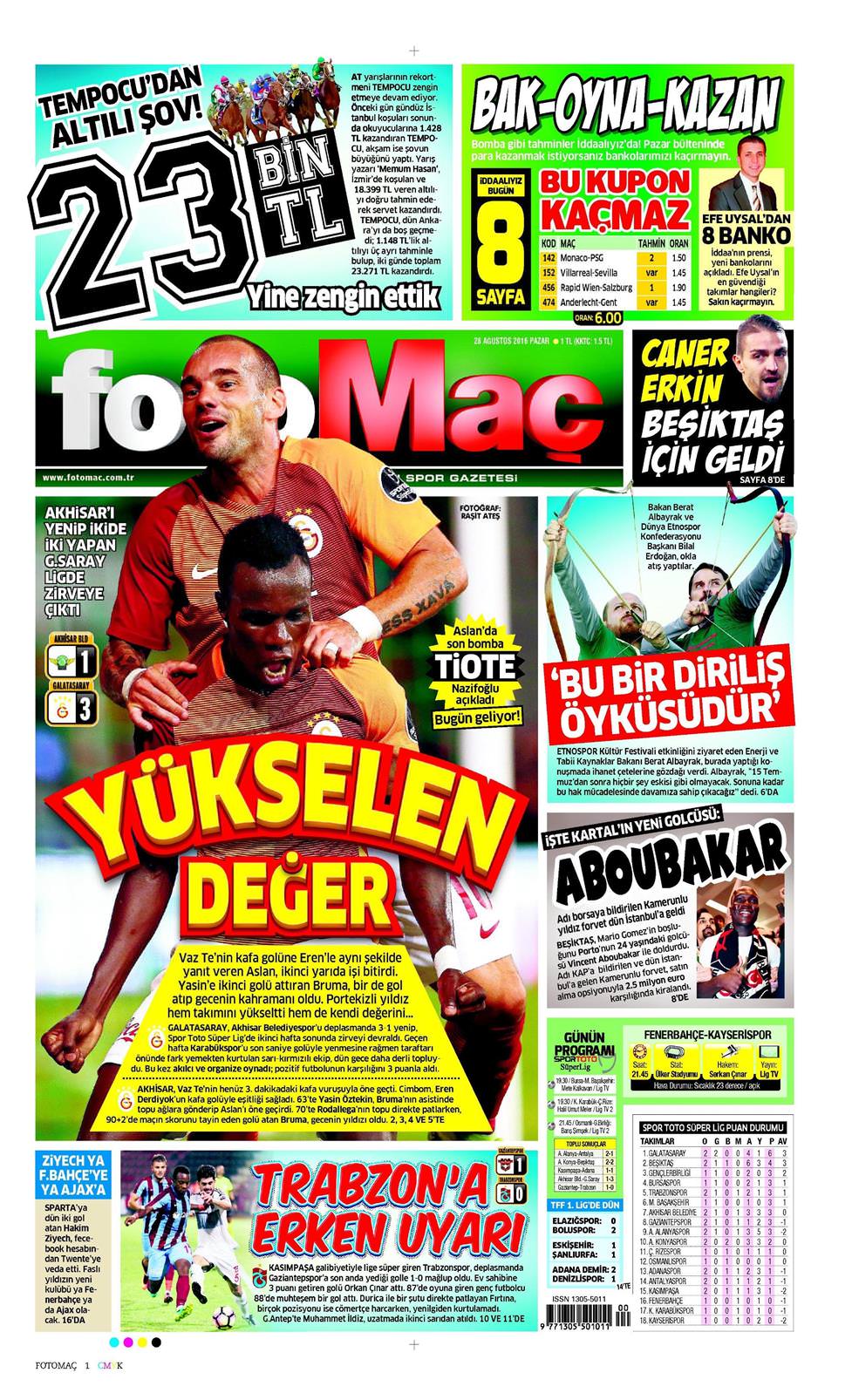 28 Ağustos 2016 Pazar - Fotomaç gazetesi manşet