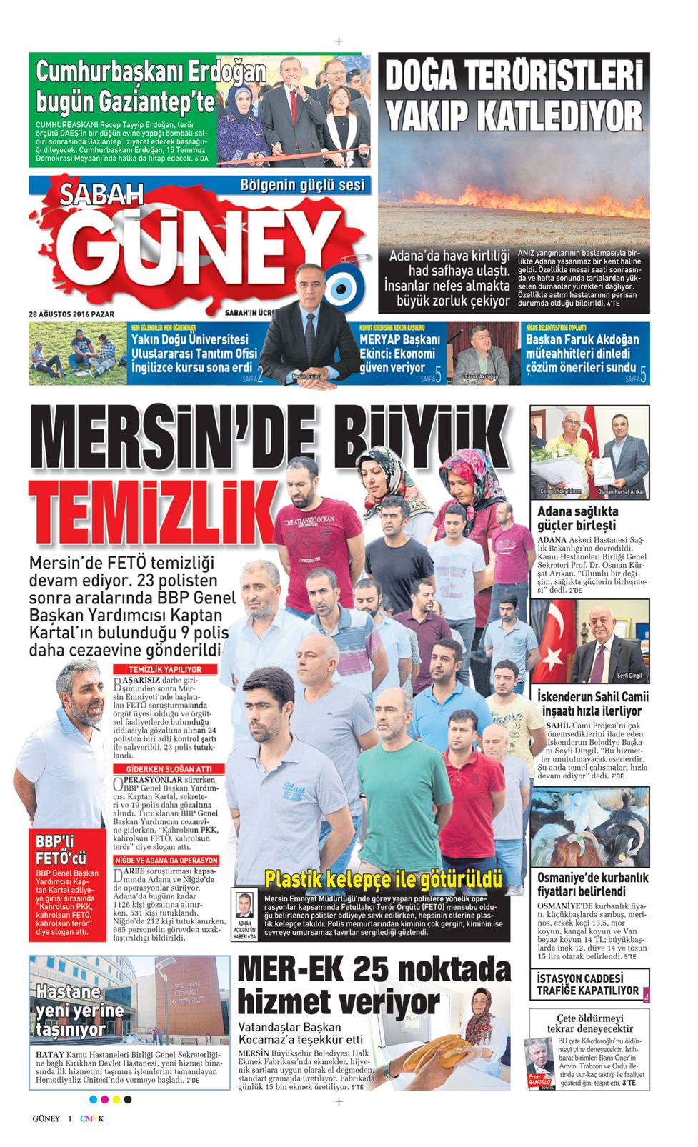 28 Ağustos 2016 Pazar - Sabah Güney gazetesi manşet