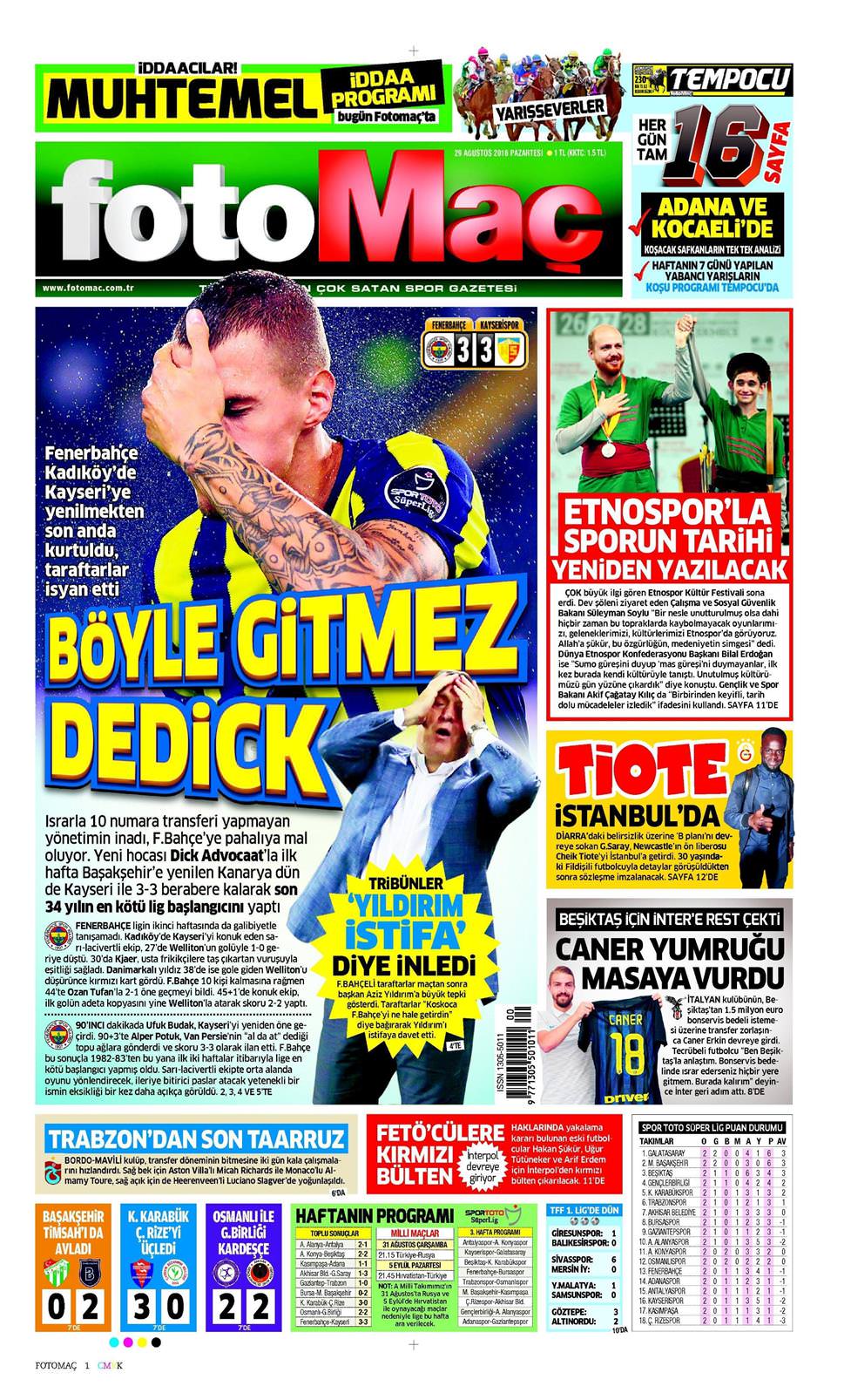 29 Ağustos 2016 Pazartesi - Fotomaç gazetesi manşet
