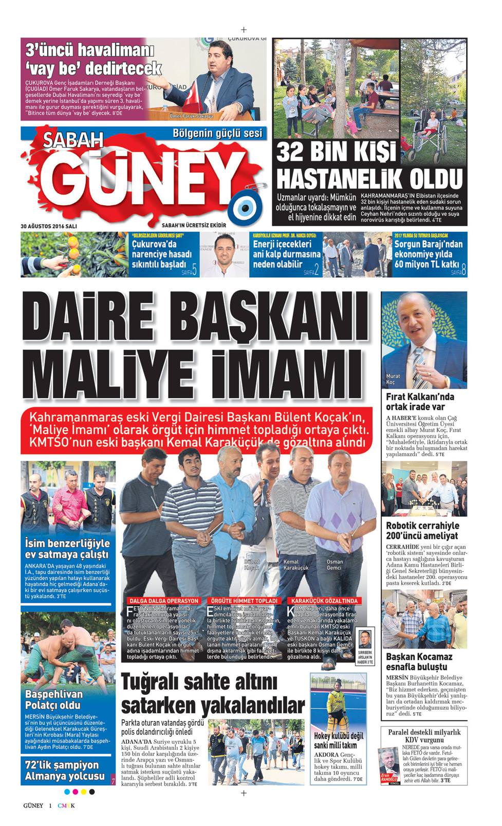 30 Ağustos 2016 Salı - Sabah Güney gazetesi manşet