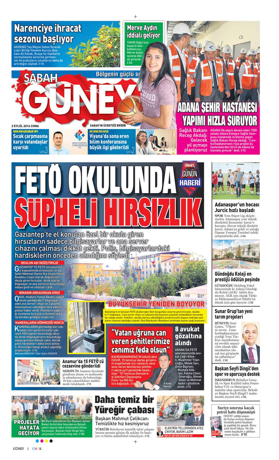 02 Eylül 2016 Cuma - Sabah Güney gazetesi manşet