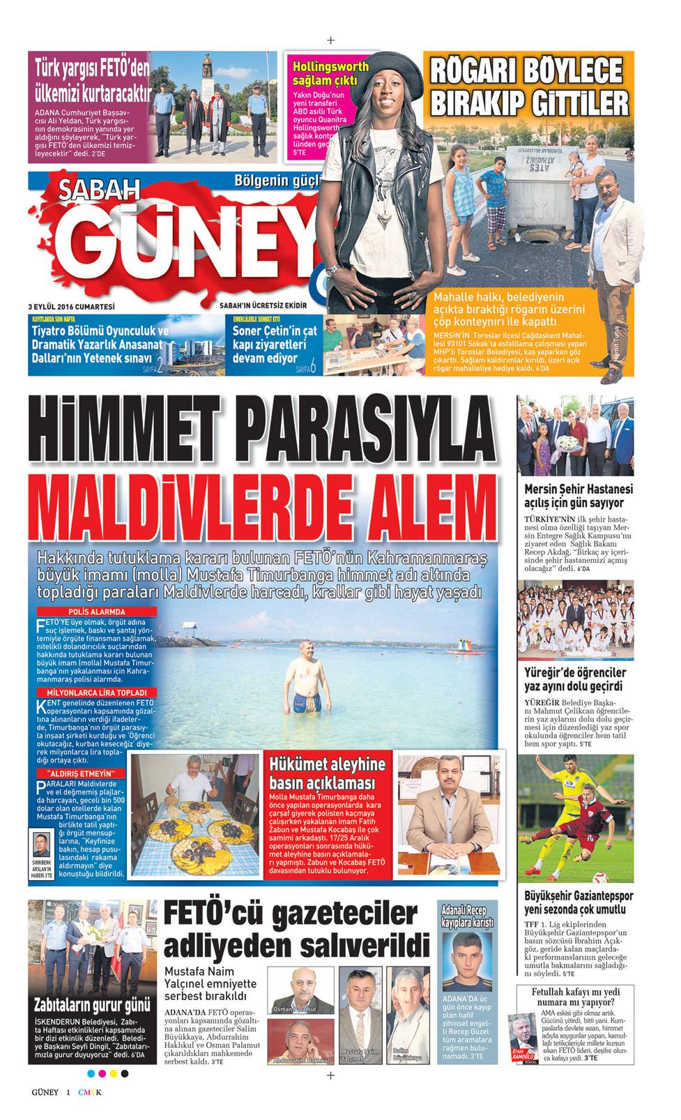 03 Eylül 2016 Cumartesi - Sabah Güney gazetesi manşet