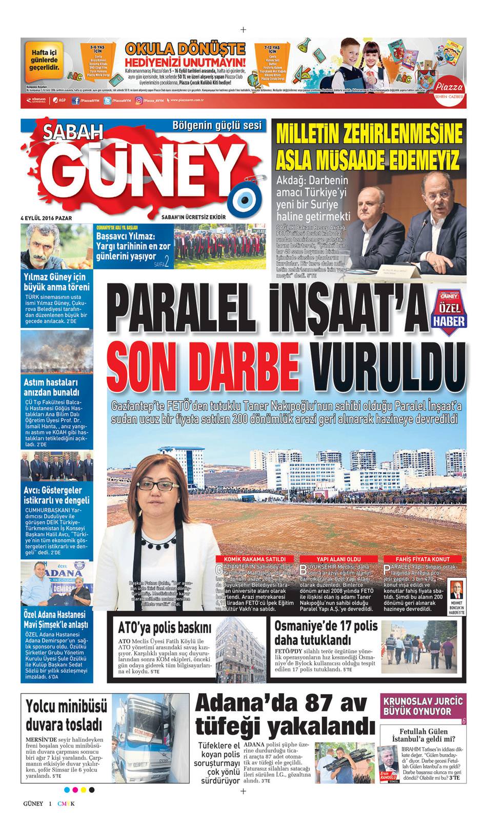 04 Eylül 2016 Pazar - Sabah Güney gazetesi manşet