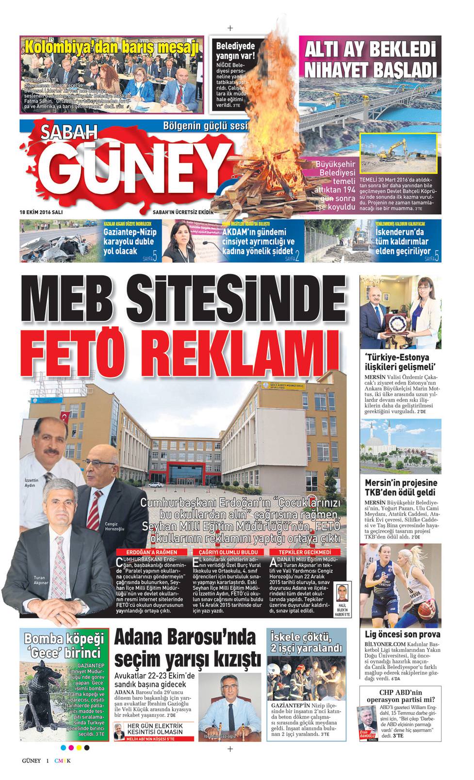 18 Ekim 2016 Salı - Sabah Güney gazetesi manşet