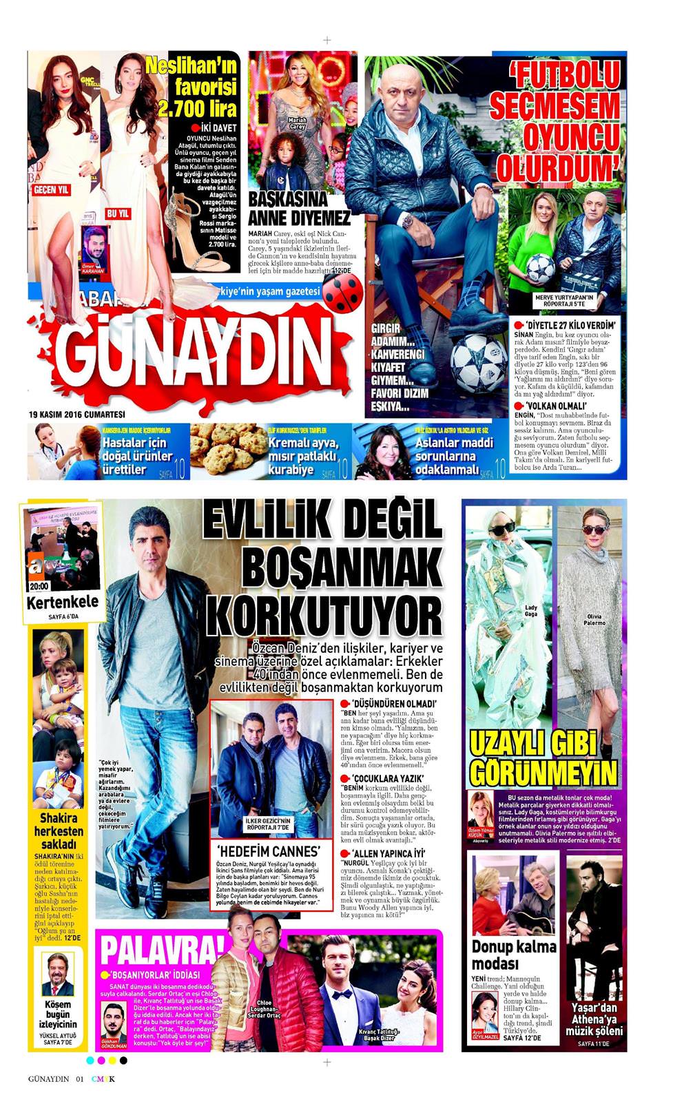 Sabah Günaydın Gazetesi 19 Kasım 2016, Cumartesi Günü Manşeti