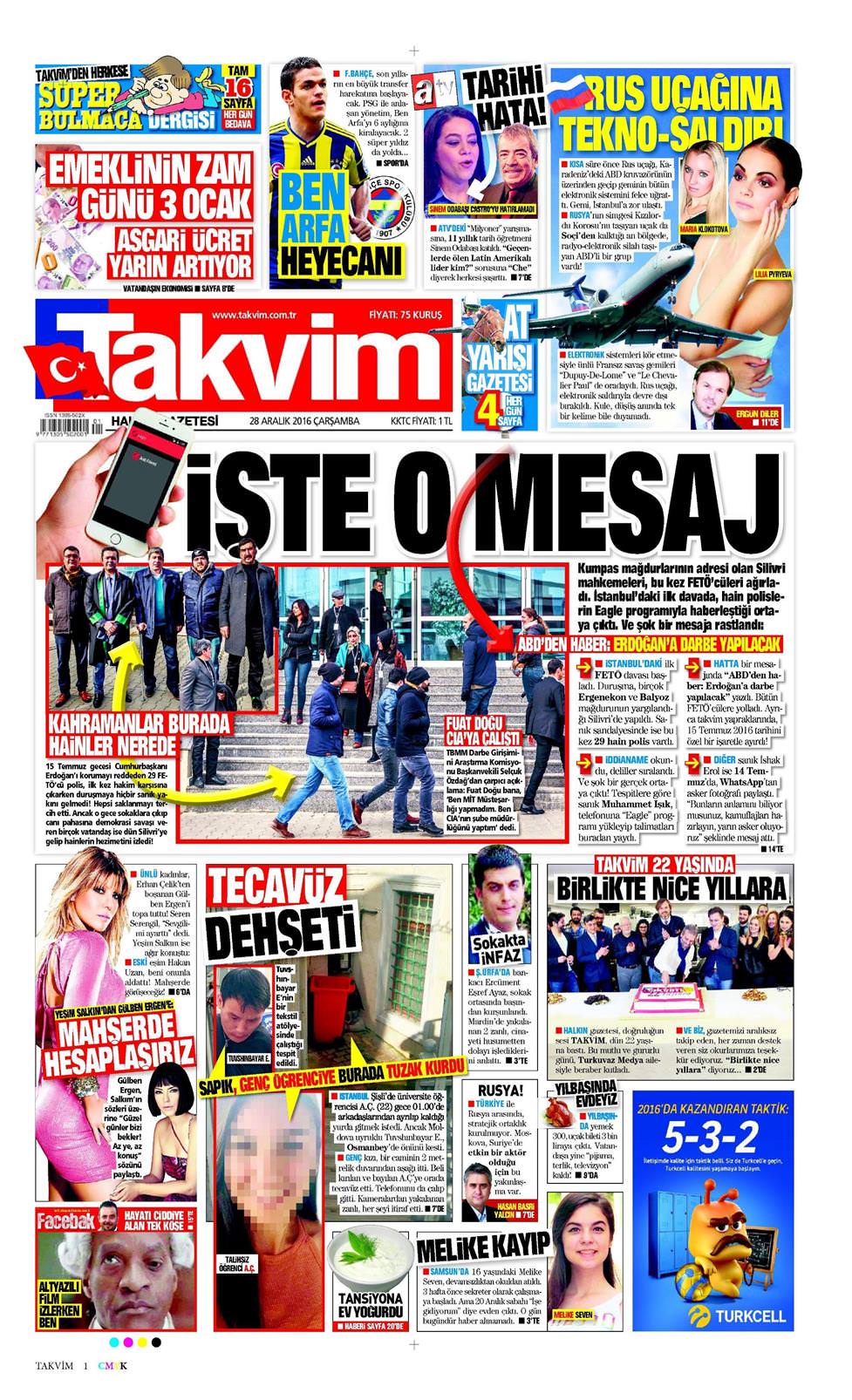 28 Aralık 2016 Çarşamba - Takvim gazetesi manşet
