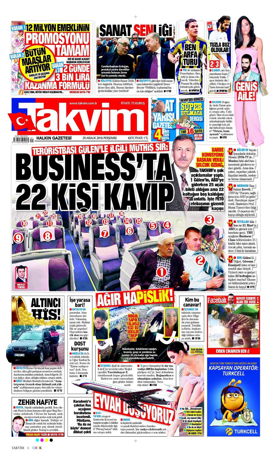29 Aralık 2016 Perşembe - Takvim gazetesi manşet