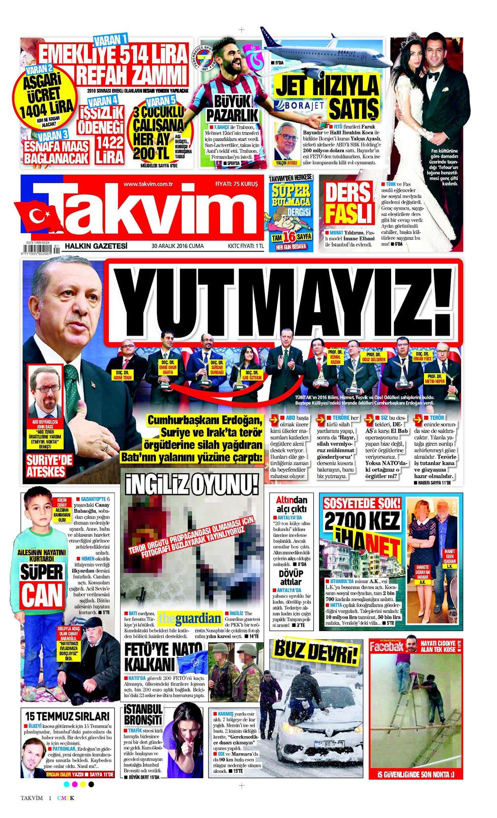 30 Aralık 2016 Cuma - Takvim gazetesi manşet