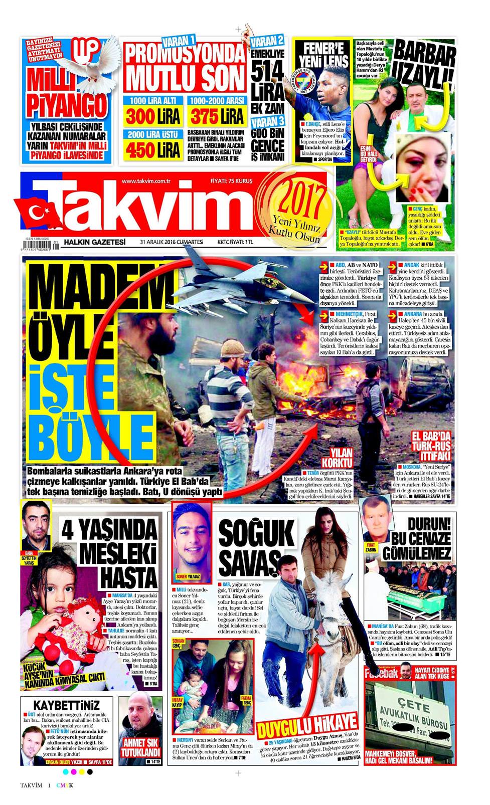 31 Aralık 2016 Cumartesi - Takvim gazetesi manşet