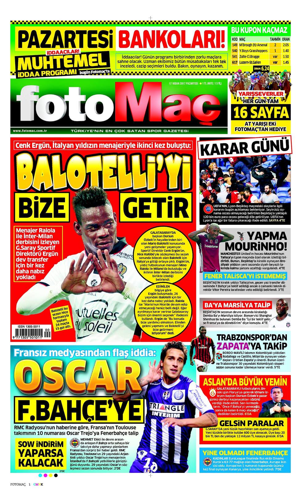 Fotomaç Gazetesi 17 Nisan 2017, Pazartesi Günü Manşeti